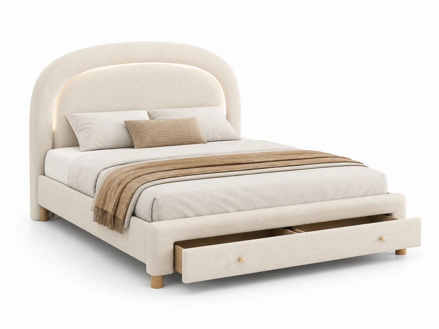 Letto Matrimoniale Imbottito con Testiera Curva in Tessuto Crema e Contenitore