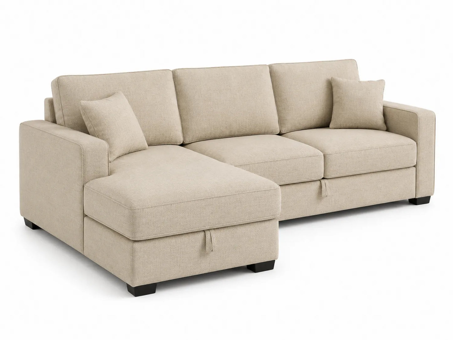 Divano angolare in tessuto beige con cuscini