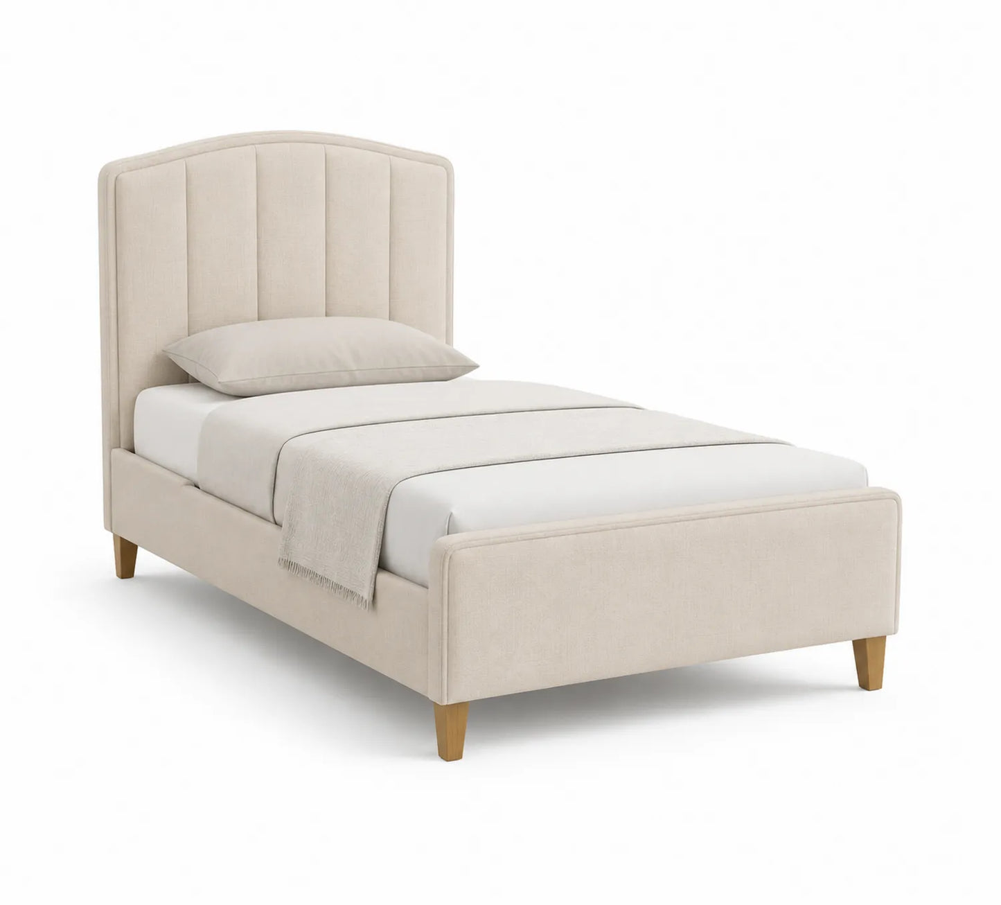 Letto singolo imbottito in tessuto beige con struttura in legno