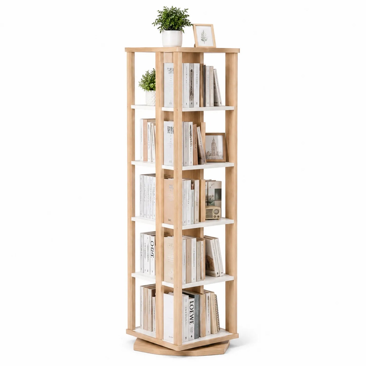 Libreria rotante a 5 livelli in MDF naturale e bianco