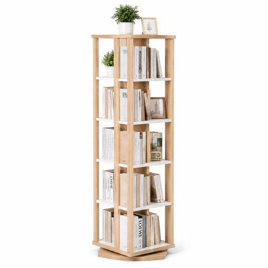 Libreria rotante a 5 livelli in MDF naturale e bianco