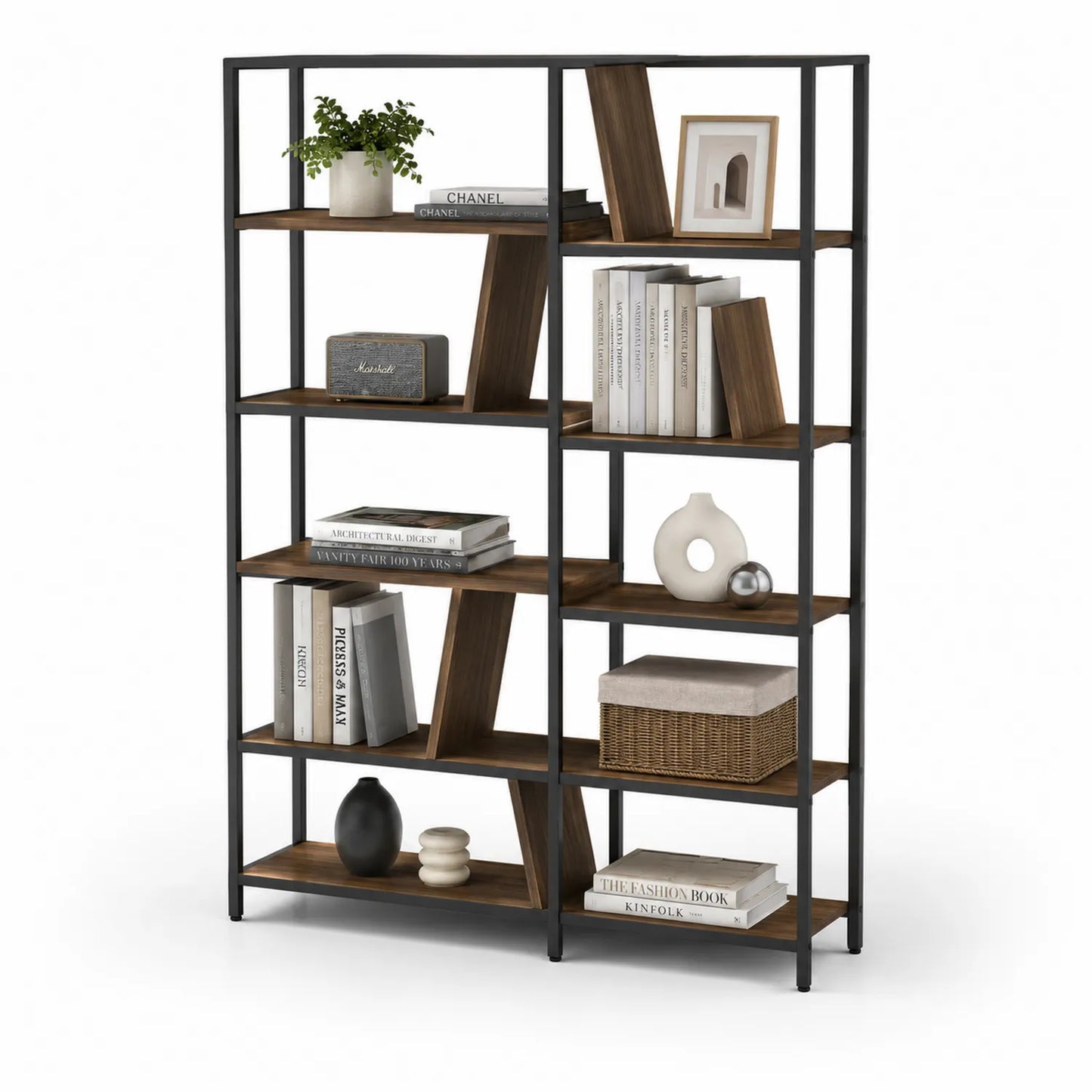 Scaffale a 5 Livelli in Metallo e Legno Color Noce 180x120x35 cm
