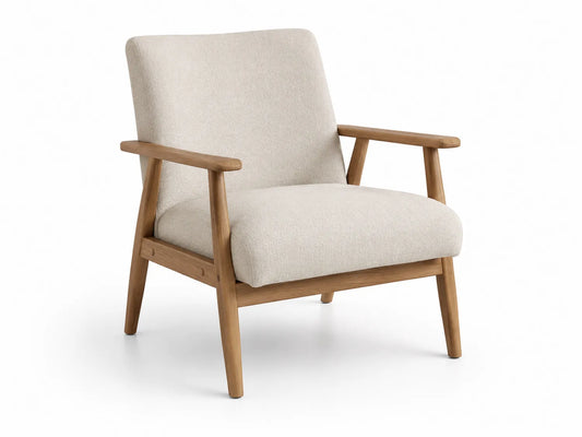 Poltrona in legno con rivestimento in tessuto beige
