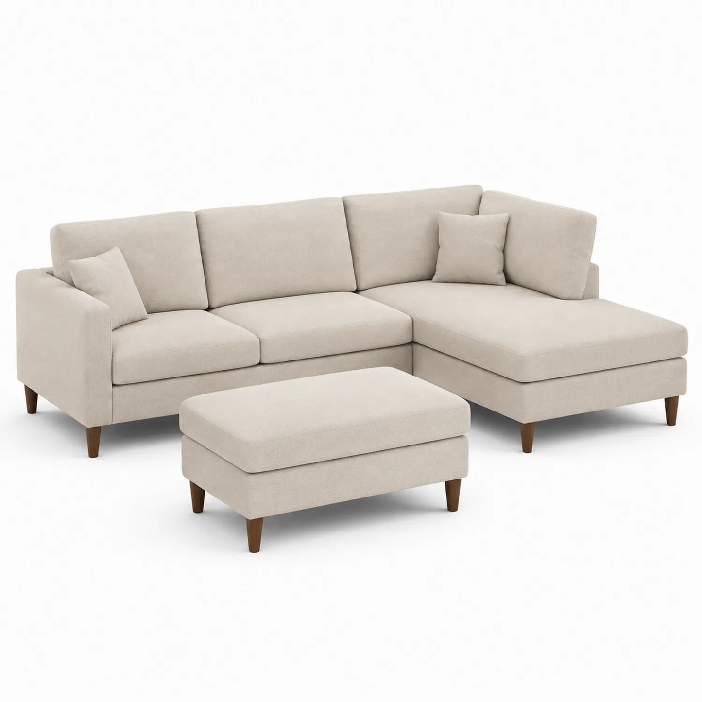 Divano ad angolo tessuto beige con pouf