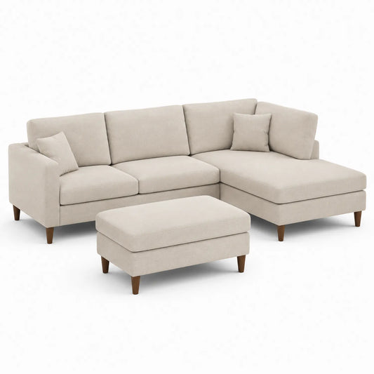 Divano ad angolo tessuto beige con pouf