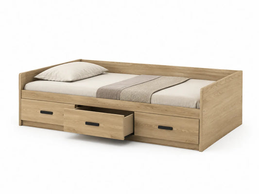 Letto singolo con cassetti in legno MDF effetto rovere 90x200 cm