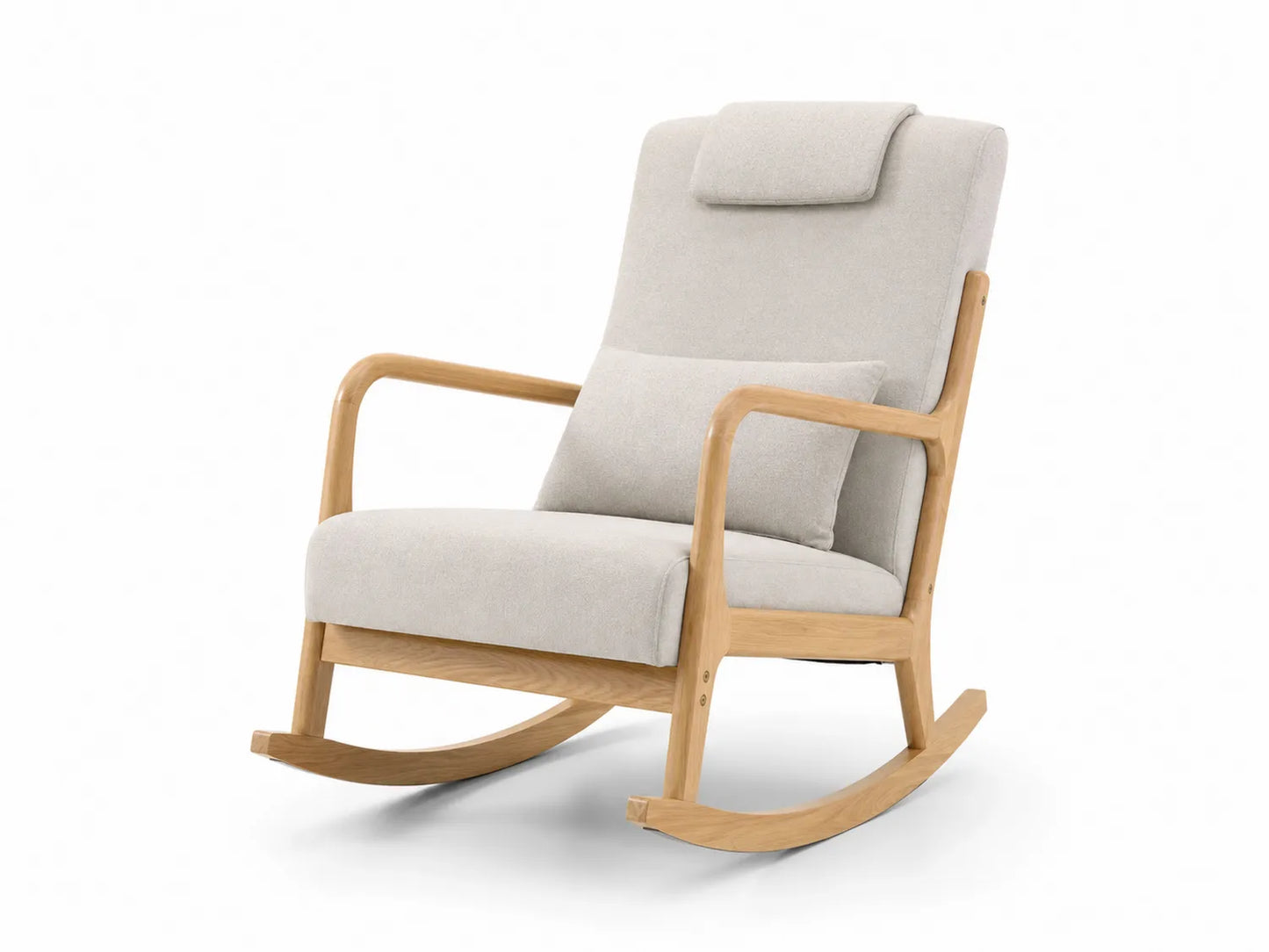 Sedia a Dondolo in Legno con Rivestimento in Tessuto Beige