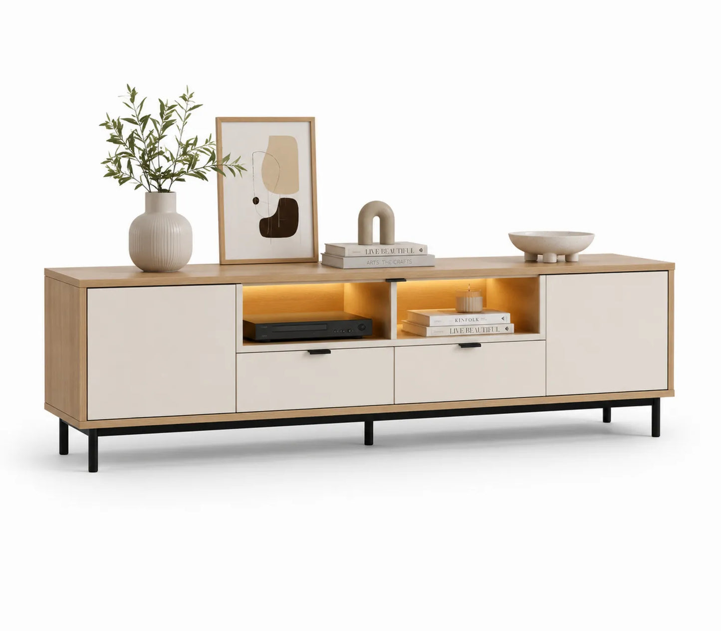 Mobile TV in Legno e Metallo con Ante e Cassetti Beige