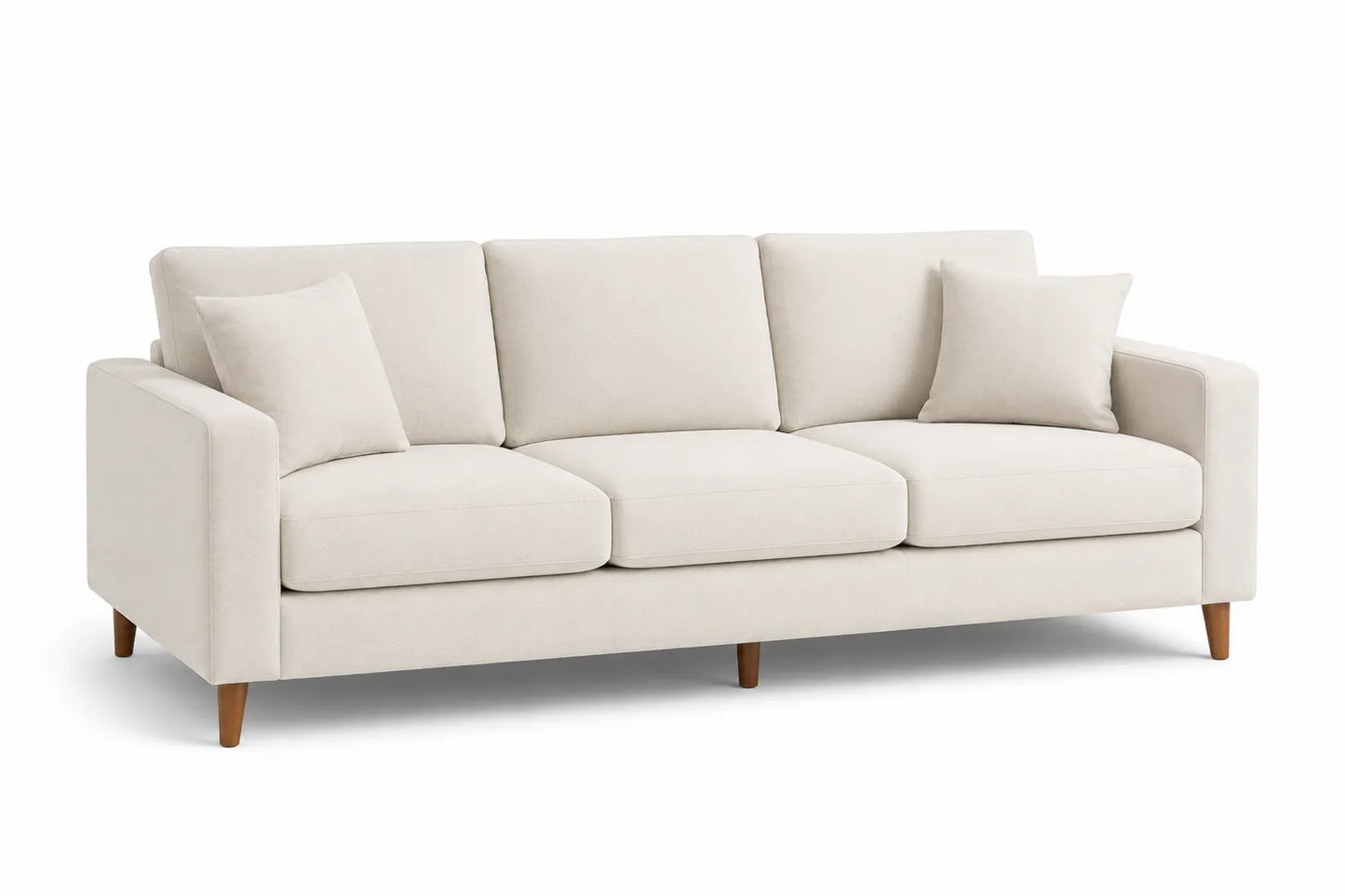 Divano a 3 posti in legno e tessuto beige con cuscini