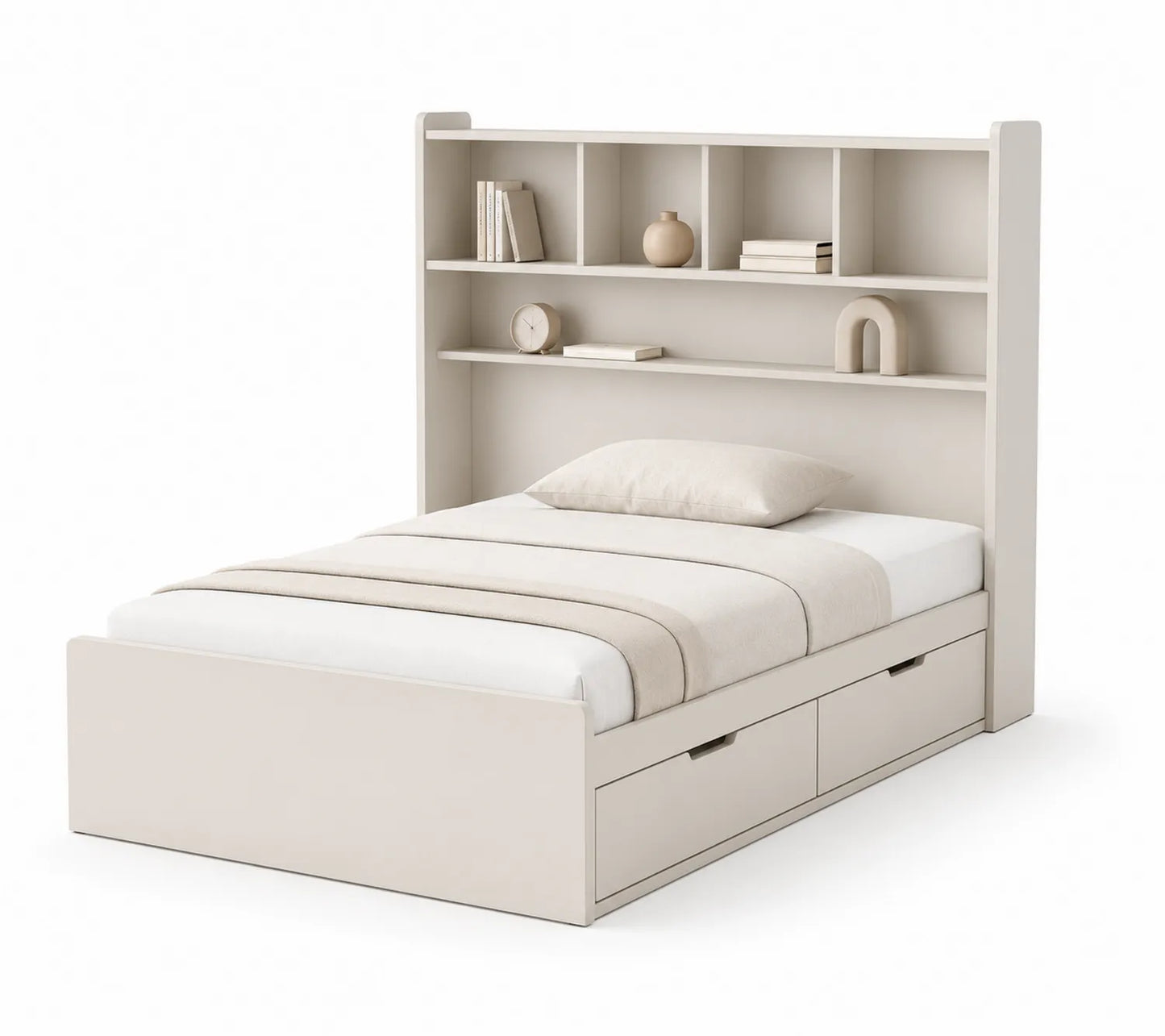 Letto singolo in legno con libreria e cassetti color Crema
