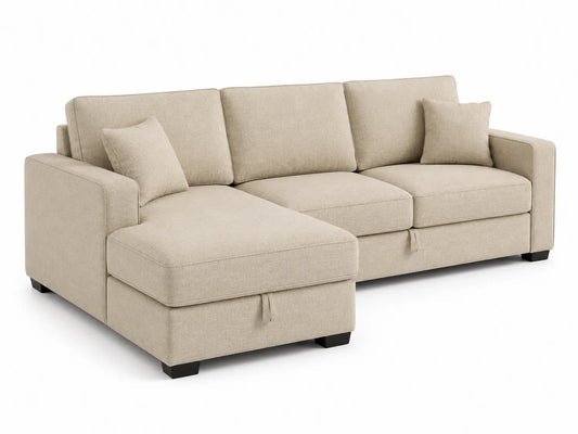 Divano angolare in tessuto beige con cuscini