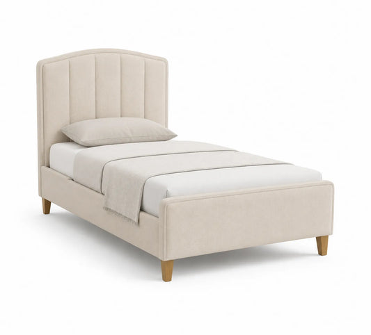 Letto singolo imbottito in tessuto beige con struttura in legno