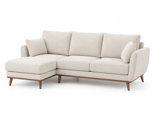 Divano Angolare in Tessuto Beige con Piedini in Legno